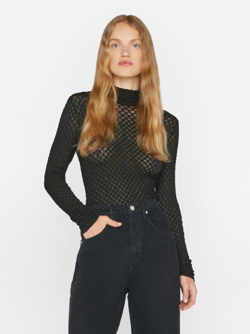 $198 Frame Black Mesh Lace Turtleneck In Noir Size XS